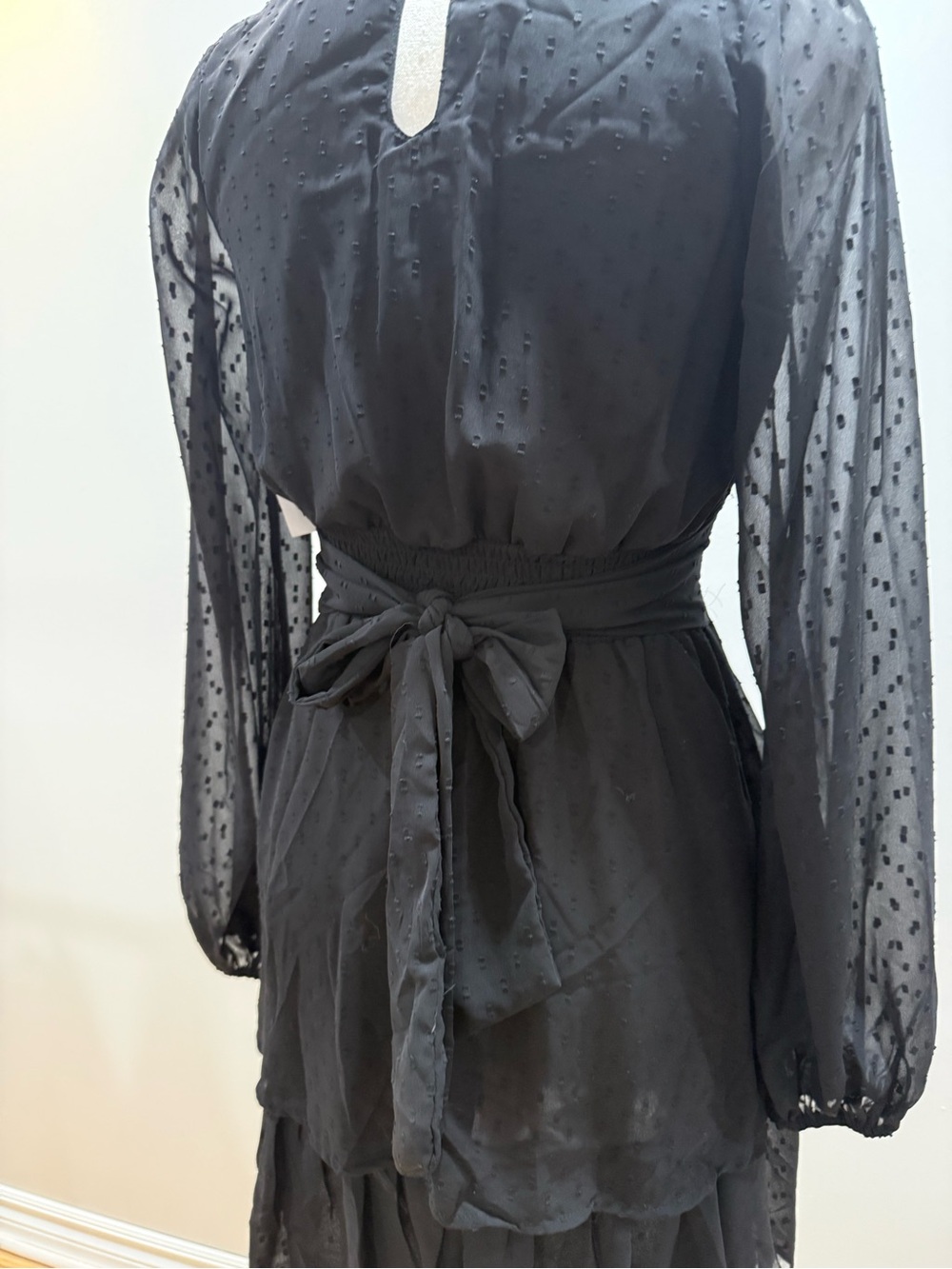 Black V-Neck Tiered Skater Dress Sheer Sleeves - Picture 3 of 6